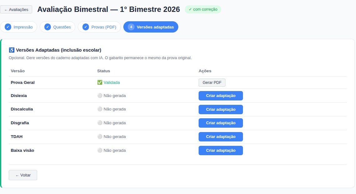 Configuração de prova adaptada no NotaCerta, com perfis de adaptação para estudantes com necessidades específicas