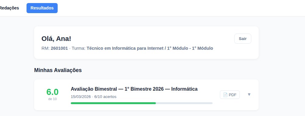 Área do aluno no NotaCerta mostrando o nome, o RM, a turma e a lista de avaliações com nota, data e número de acertos