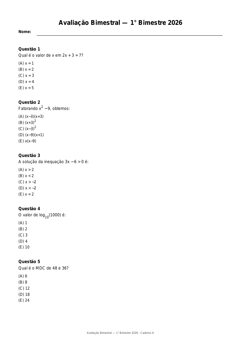 Caderno de prova gerado pelo NotaCerta, com as questões numeradas e o cabeçalho de identificação da avaliação