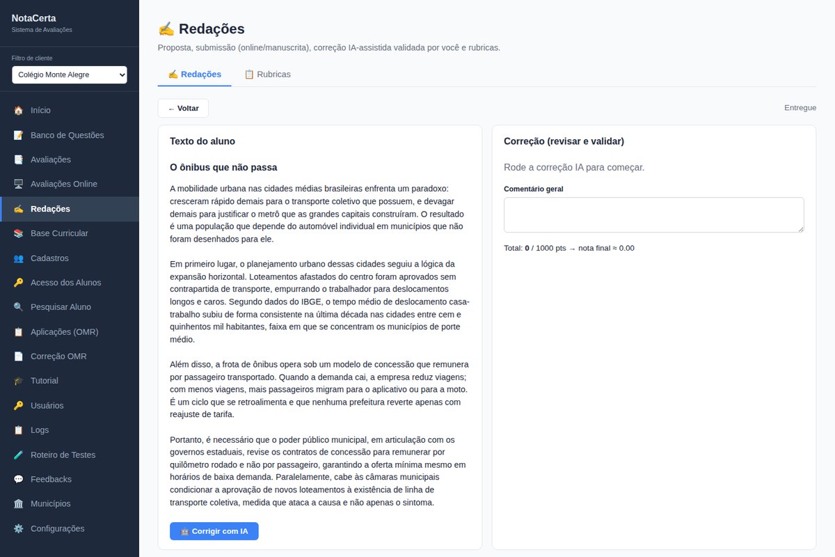 Tela de correção de redação do NotaCerta: o texto do aluno à esquerda e o painel de correção por rubricas à direita, com a opção de rodar a correção assistida por IA