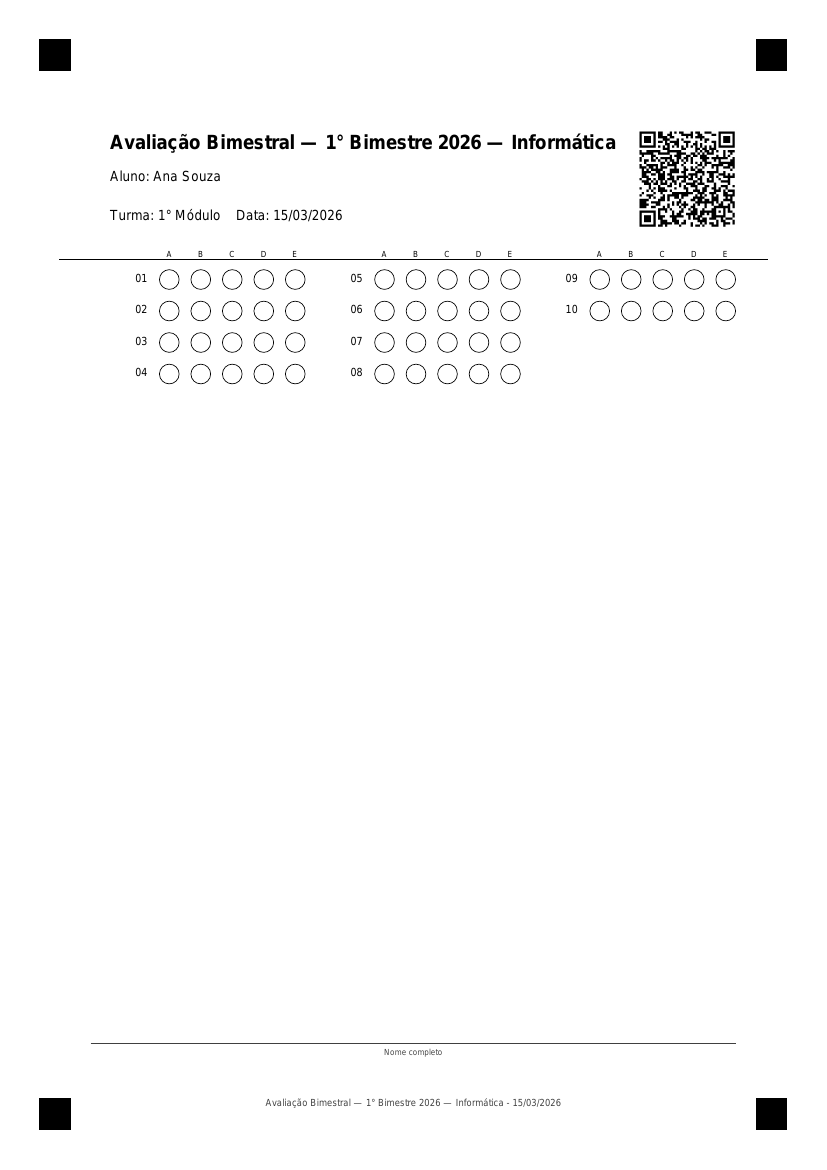 Folha de resposta do NotaCerta com QR Code de identificação do aluno e campos de marcação das alternativas