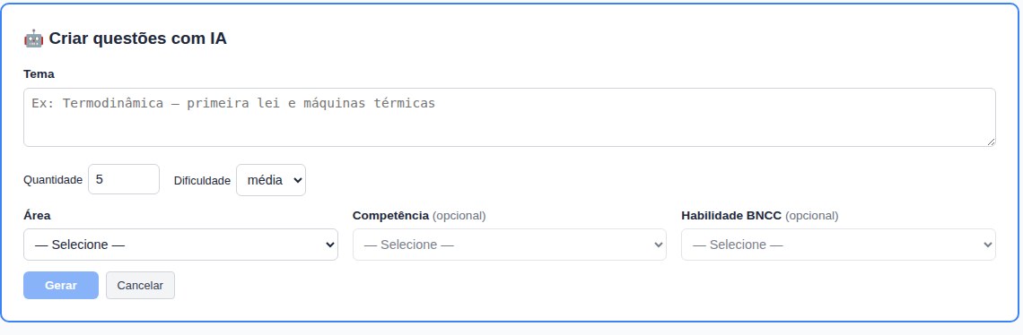 Formulário de criação de questões com IA no NotaCerta: campos de tema, quantidade, dificuldade, área, competência e habilidade da BNCC